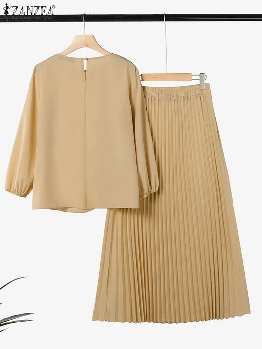 2025 ZANZEA 2PCS Autumn Outfits Casual Long Sleeve Tops Dress Suit Elegant Women 2 Piece Sets Muslim Tracksuits OL Matching Sets.