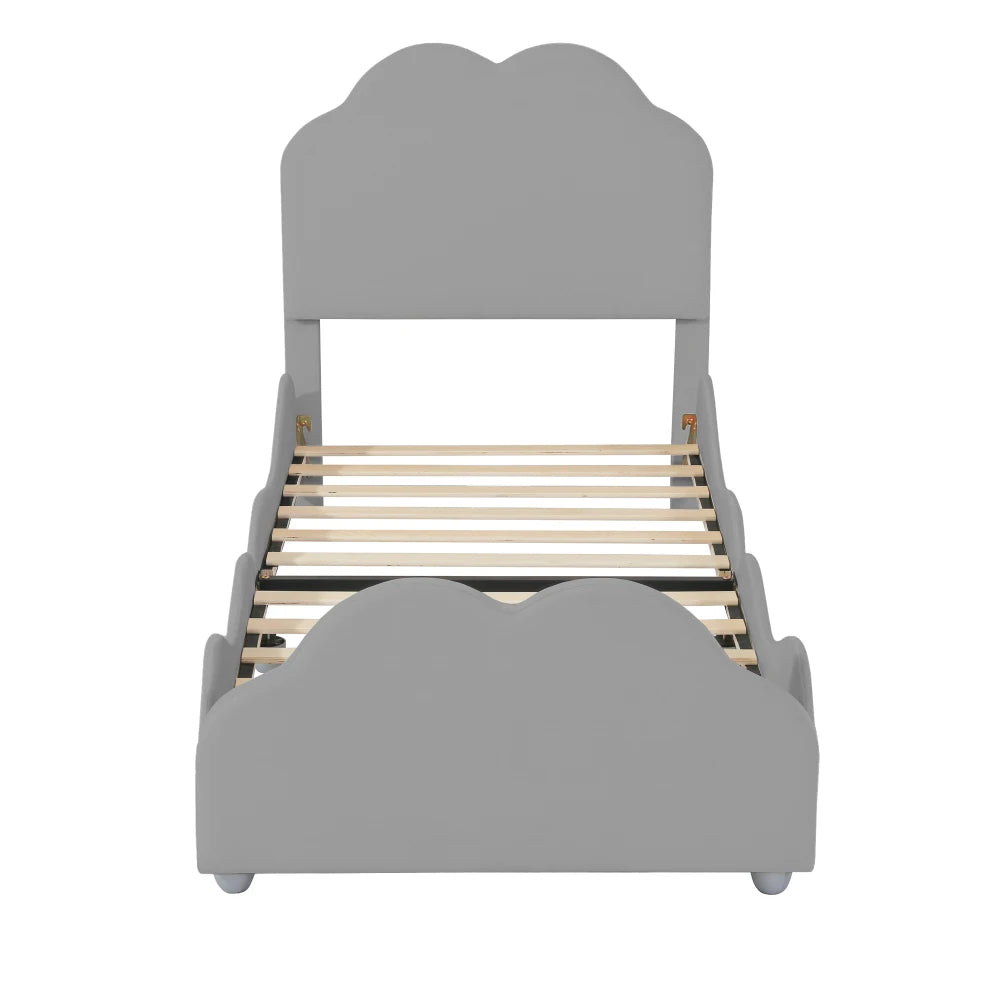 Kinderbett 90 x 200 cm hohes Geländer, Kinderbettgestell mit wolkenförmigem Kopf und Fußteil, Bett aus hautfreundlichem Samt