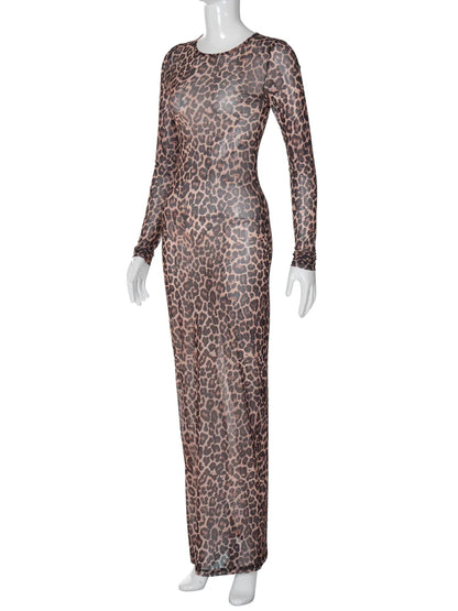 Dulzura 2024 Sexy Elegantes Maxikleid Bedrucktes Leoparden-Langarmkleider Damenkleidung Y2K Lady Party Club Streetwear Urlaub.