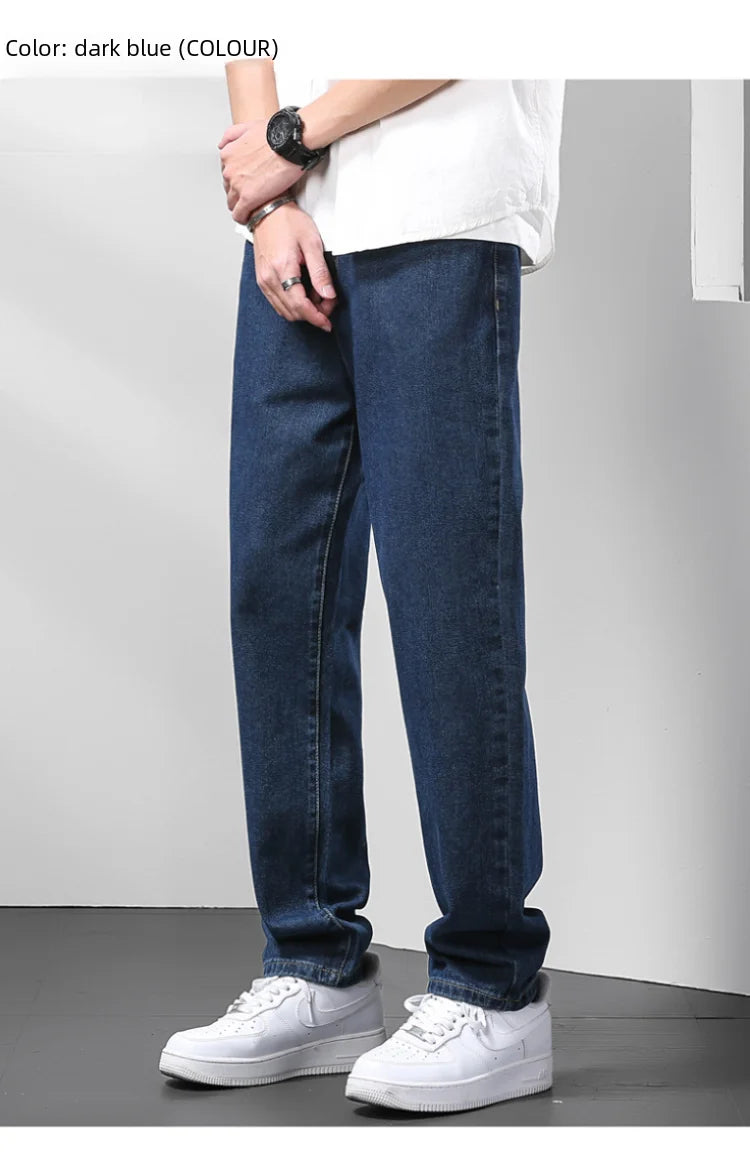 Light Blue American Retro Jeans Men Soft Loose Straight Cylinder High Street Workwear Casual Loose Legs Pants.