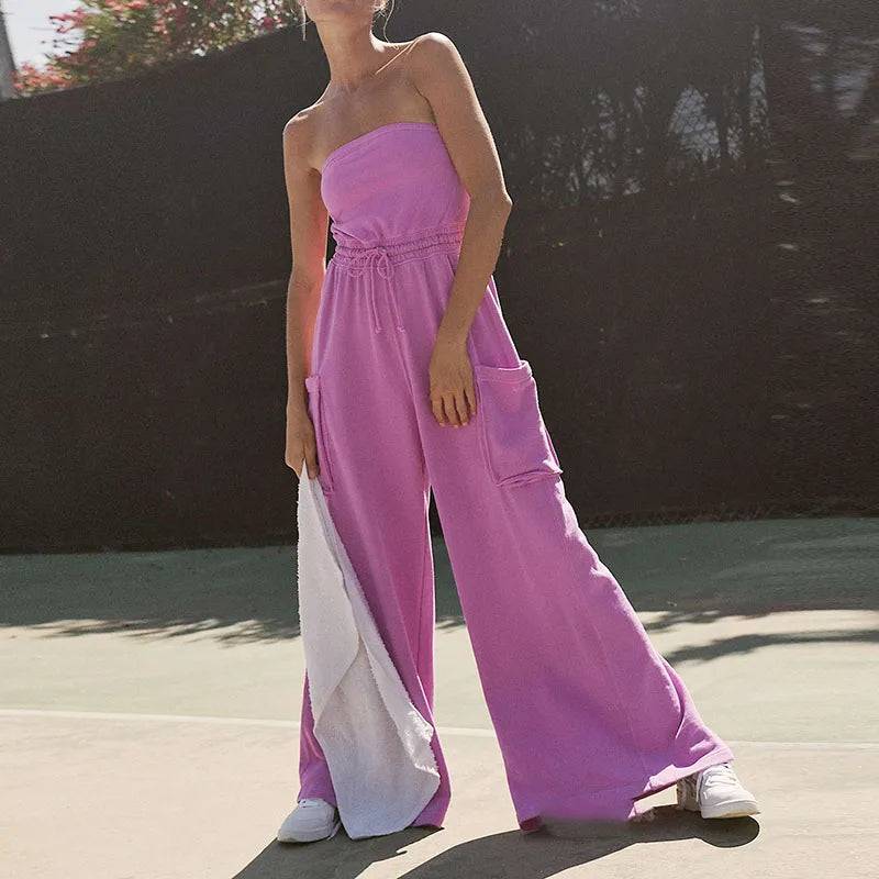 Stylish New Backless Sleeveless Commute Playsuits Women Tube Top Wide Leg Drawstring Rompers Elegant Solid Color Pocket Jumpsuit.