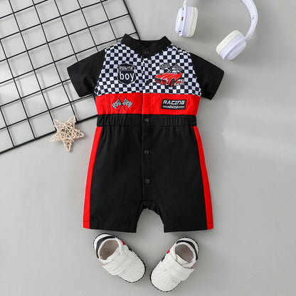 Styling-Anzug für Neugeborene, Mini-Racer-Outfit mit gesticktem Stehkragen und Denim-Overall mit Reißverschluss.
