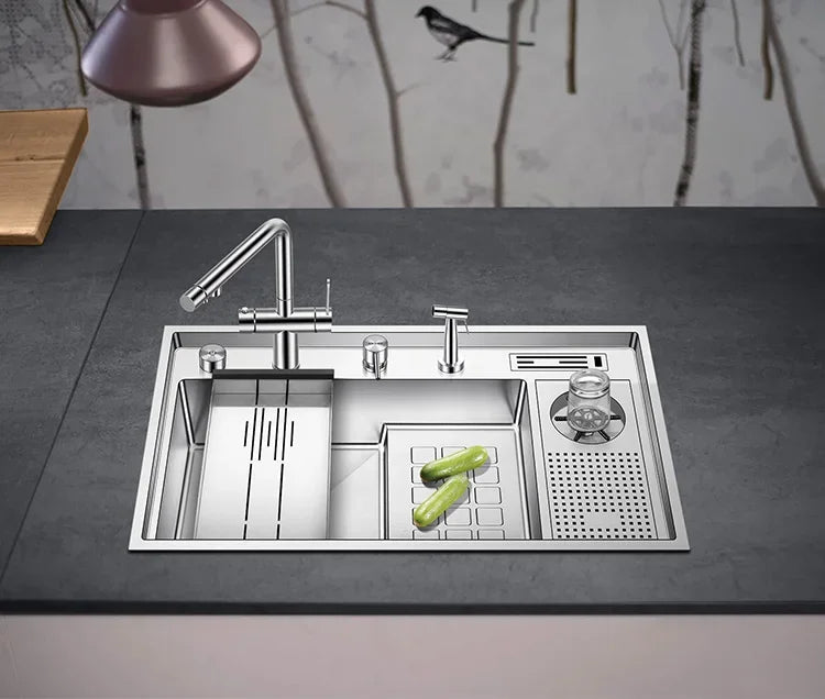 Large Size Nano Meter Cup Rinser Stepped Kitchen Sink 304 Stainless Steel 4mm Thickness Handmade Sinks With Knife Holder