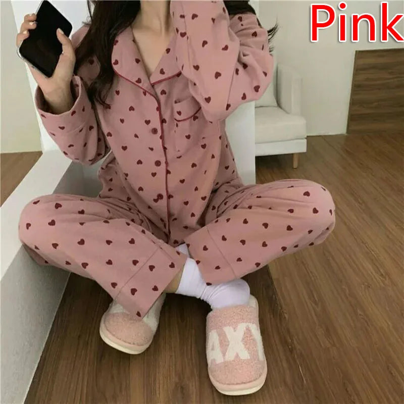 M-XXL Large Size Nightwear Women Sleepwear Autumn and Winter Cardigan Home Wear Peach Heart Long Sleeves School Silk Pajamas