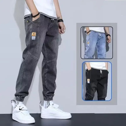 Lose lässige Harem-Jeans für Herren, trendige elastische Taille, einfache Neun-Punkte-Hose, gerades Bein, lockere Passform, Alltagskleidung, chinesische Marke.