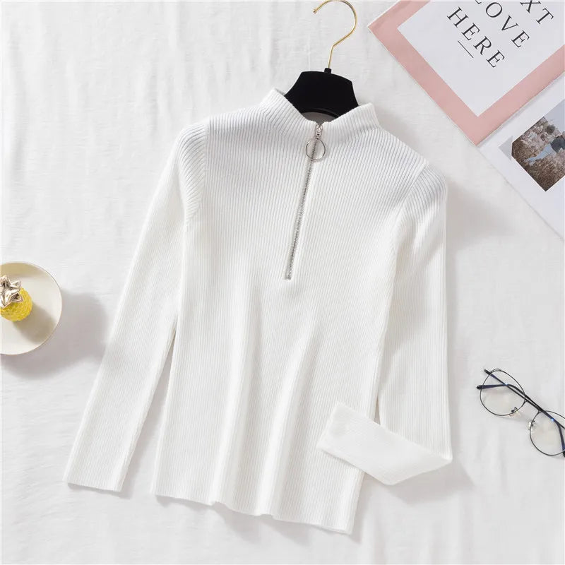 Spring Autumn Skinny Elastic Knitted Shirt Women Pullover Sweater Tops Female Long Sleeve Slim Mock Neck Knit Bottoming Shirts.