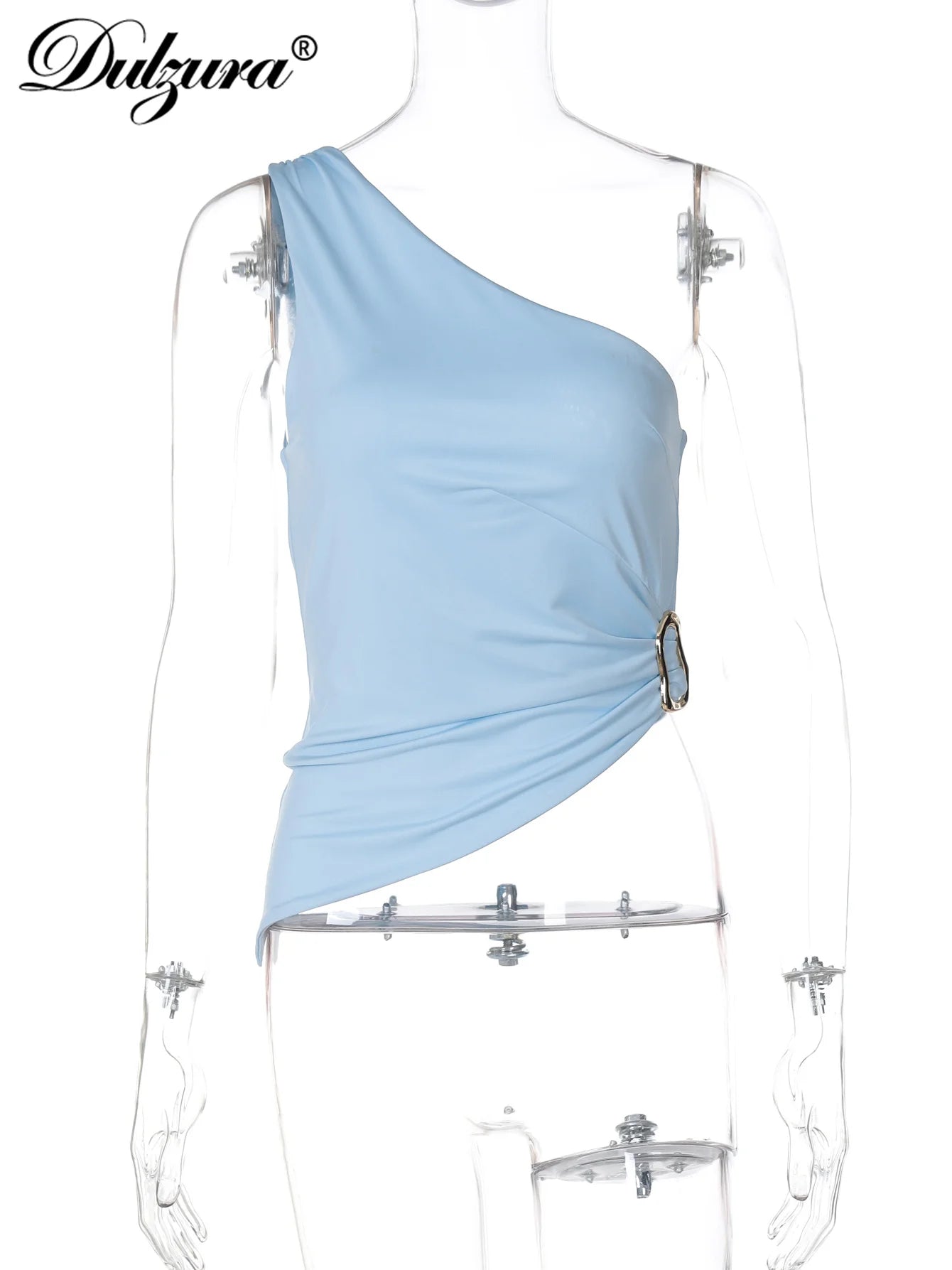 Dulzura One Shoulder Sleeveless Backless Bodycon Irregular Metal Button Tank Top Solid Sexy Casual Y2K Tops Party Street Outfit.