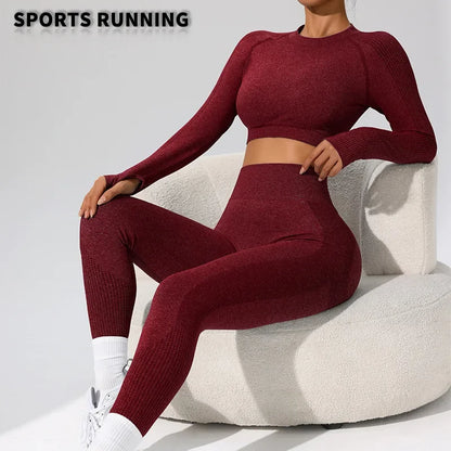 Autumn Winter Yoga Fitness Sportswear Long Sleeve Women's Top And Bottoms Quick Dry Set Finger Snap Gymnastics Outfit.