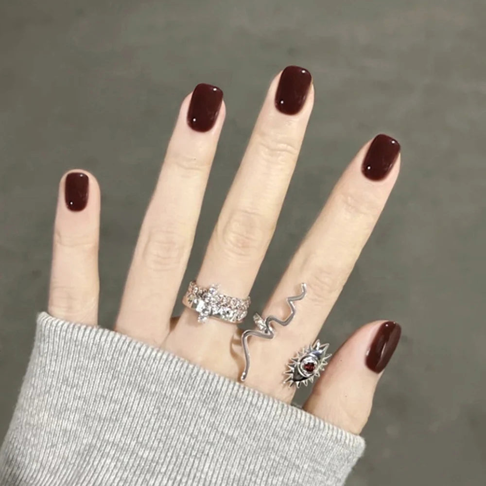 Red Black Gradient Press on Nails Medium Length Coffin Fake Nails with Sticky Tabs Ballerina False Nails Tips for Women 24Pcs.