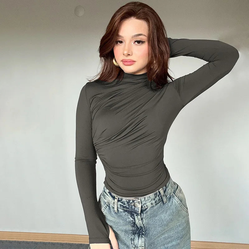2025 Autumn Solid Color Folds Turtleneck Slim T Shirt Women Long Sleeves Bottoming Shirt Ladies Tee Shirt Tops Camisetas Mujer.