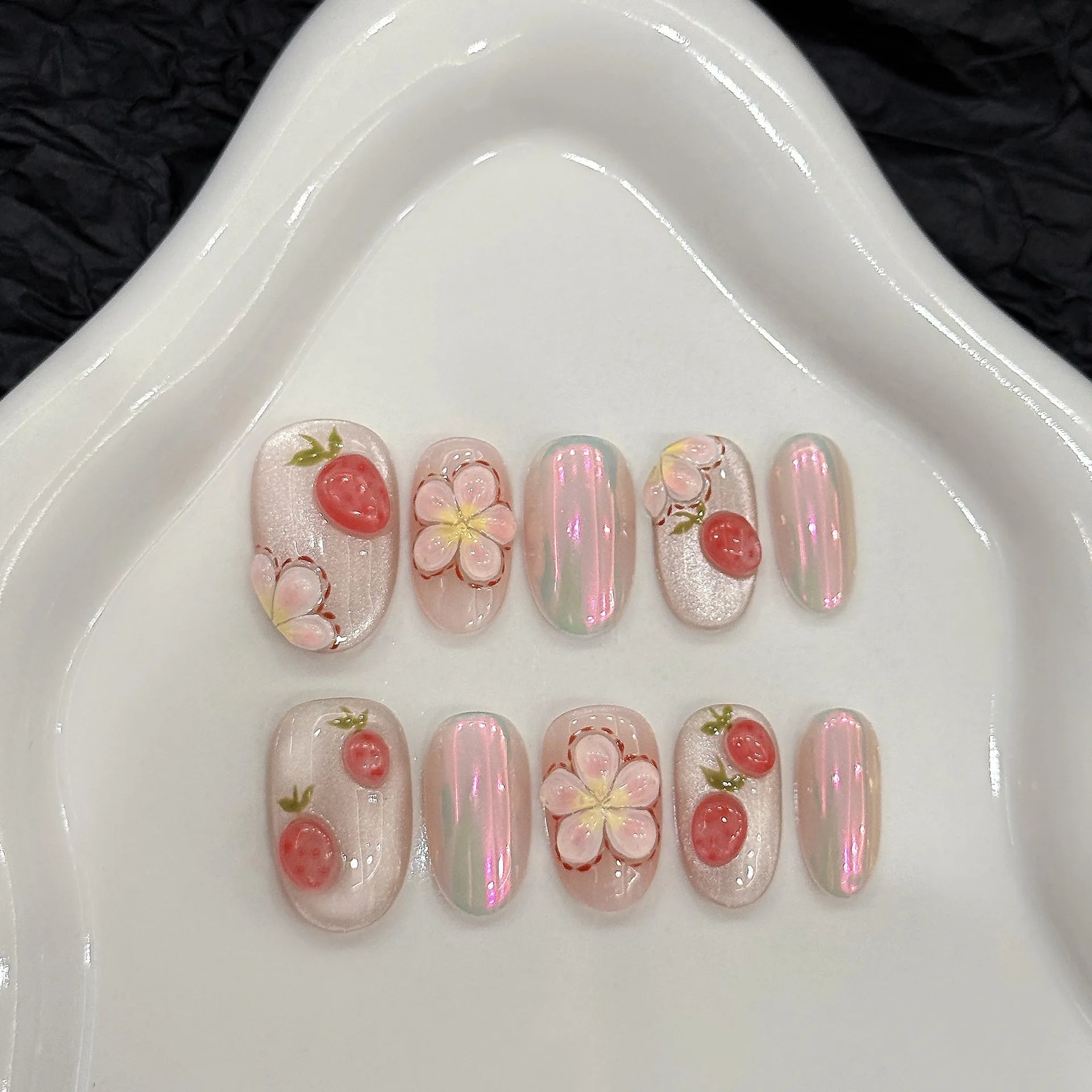10Pcs Short Handmade Pink Press on Nails Spring French Rhinestone Full Cover Fake Nail Plaid Manicure Wearable Nail Tips Art.