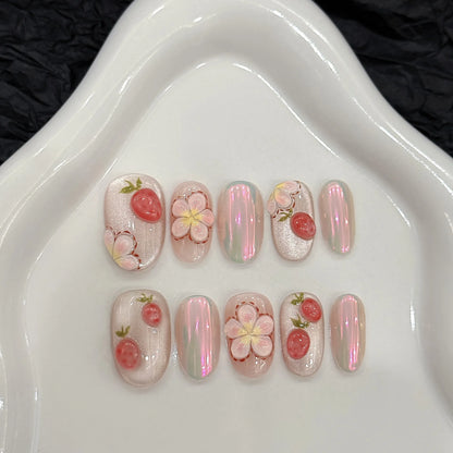 10Pcs Short Handmade Pink Press on Nails Spring French Rhinestone Full Cover Fake Nail Plaid Manicure Wearable Nail Tips Art.