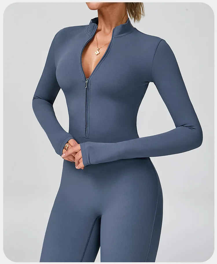 Women's One-piece Yoga Jumpsuit Long Sleeve Zipper Slim Fit Sports Outfit Flare Tights Quick-drying Hip Lift Gym Fitness Clothes.
