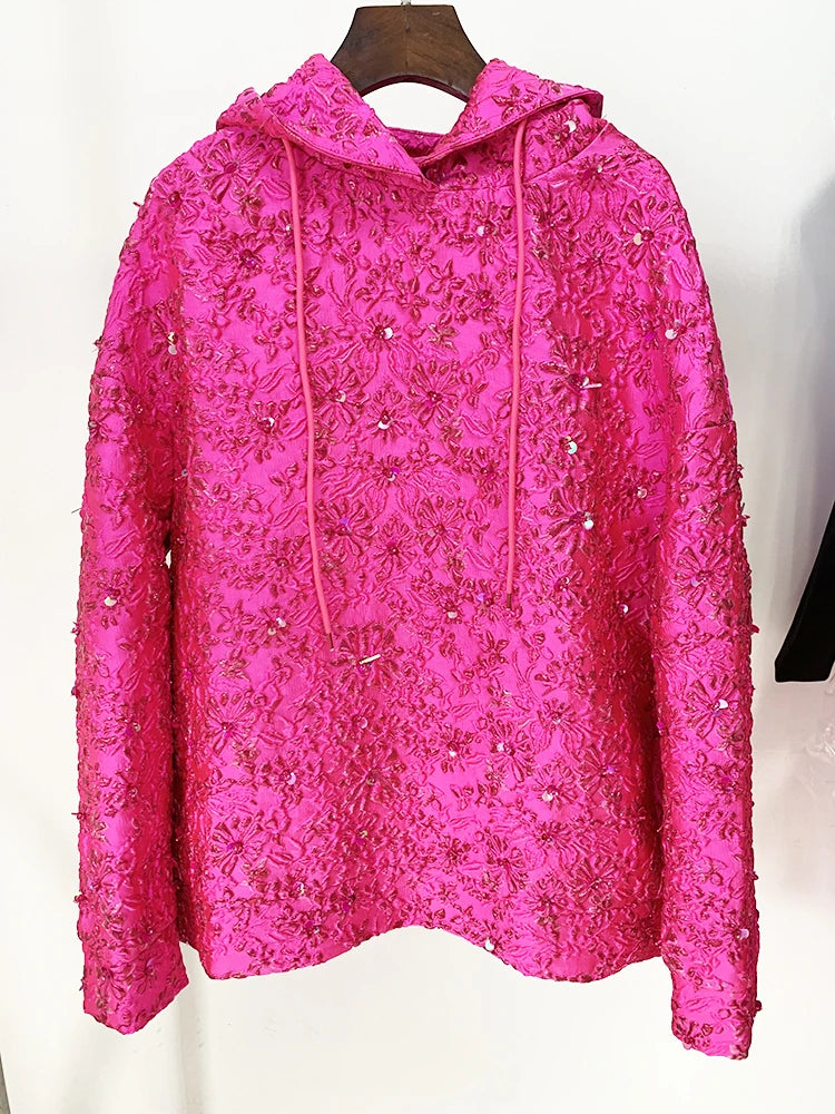 HIGH STREET Newest 2025 F/W Designer Tops Women's Jacquard Beaded Loose Hooded Hoodie.