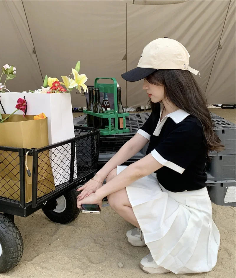 American Style Sweet And Spicy Girl Polo Shirt Women's Summer New Student Design Slimming Short Sleeve T-shirt Color Block.