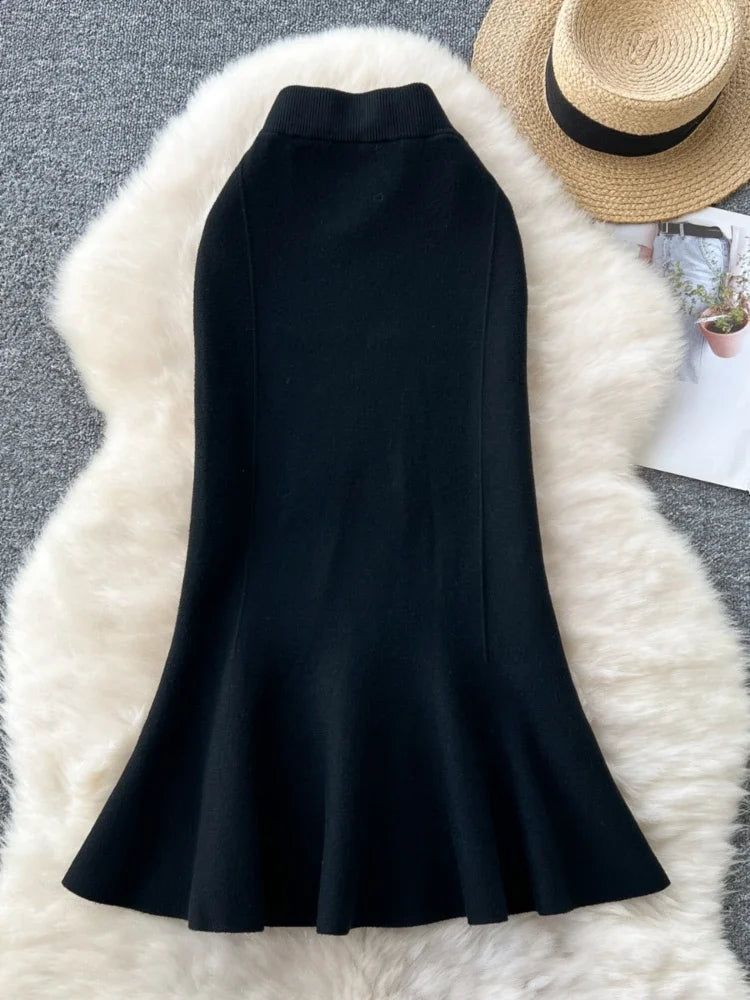 High Waisted Vintage Knitted Skirt Women Ruffled Slit Fishtail Office Midi Skirts Autumn Winter Woolen Skirt.