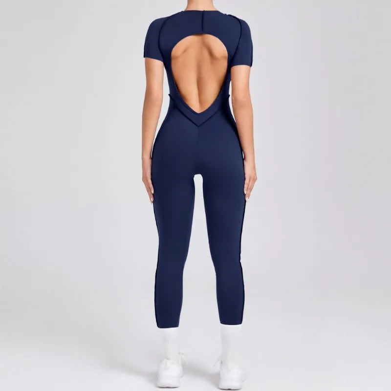 Seamless Yoga Jumpsuits Sports Fitness Hip-lifting Backless Short-sleeved One-piece Workout Gym Leggings Tracksuits for Women.