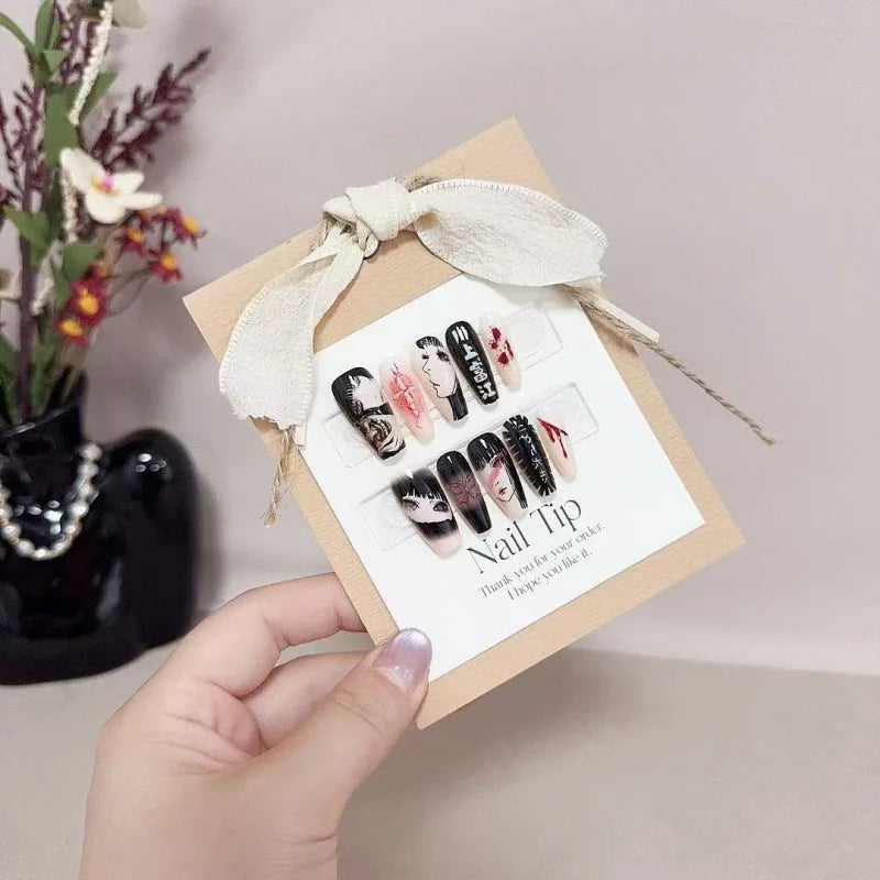 24Pcs Fake Nails Dark Sweet and Edgy Style Pain Nails Anime-Inspired Press-On Nail Tips Perfect Gift for Girls and Friends.