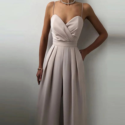 New Spaghetti Strap Slim High Waist Jumpsuits Fashion Ladies Solid Color Office Wide Leg Rompers Elegant Pleated Simple Playsuit.