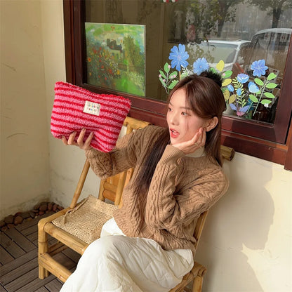 New Colorful Striped Dot Plush Clutch Cosmetic Bag Large Capacity Makeup Pouch Toiletries Bag Travel Outdoor Makeup Storage