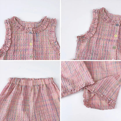 Pink Girl's Summer Two-piece Set with Single Breasted Sleeveless Top and Casual Pants, New Children's Sets Kids Clothes.