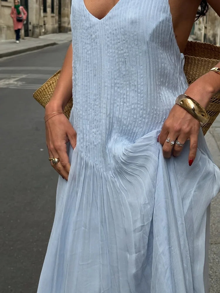 Sexy frauen Einfarbig Gefaltete Lange Kleid Elegante Ärmellose Hosenträger Backless Slim Fit Kleider Strand Party frauen Robe.