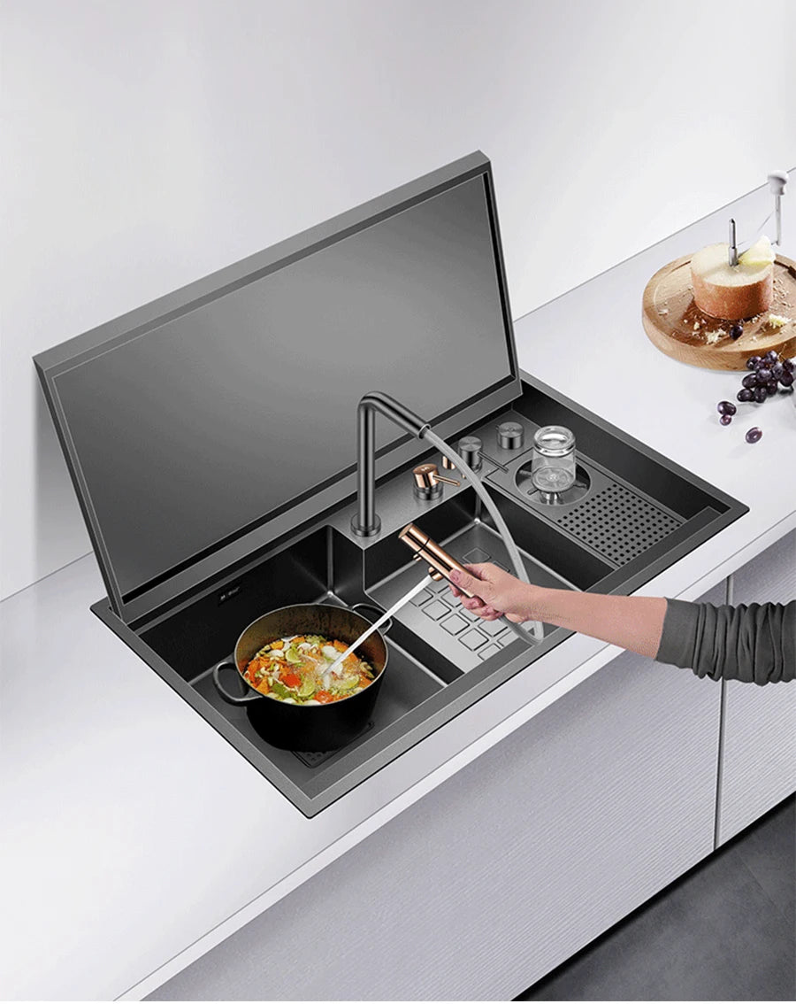 ASRAS Nanometer Black Flip Cover Hidden kitchen Sink 304 Stainless Steel 4mm Thickness Handmade Stepped Sinks Cup Rinser Sinks