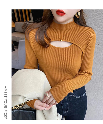 Herbst Winter Gestricktes Hemd Frauen Pullover Stricken Pullover Tops Mode Weibliche Lange Hülse Dünne Elastische Dünne Pullover Shirts