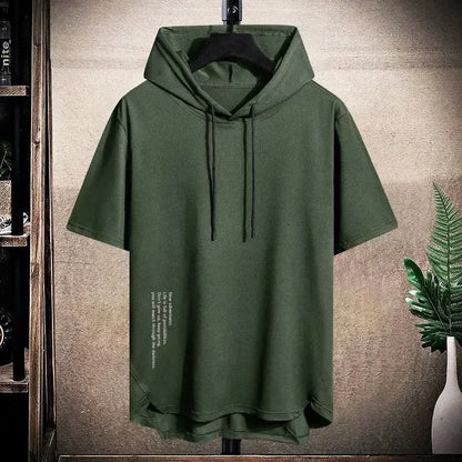 2025 Men's Summer Hoodies T-shirts Short Sleeve Solid Color Loose Hooded Drawstring Pullover Tops Basic Tees for Daily Wear Male