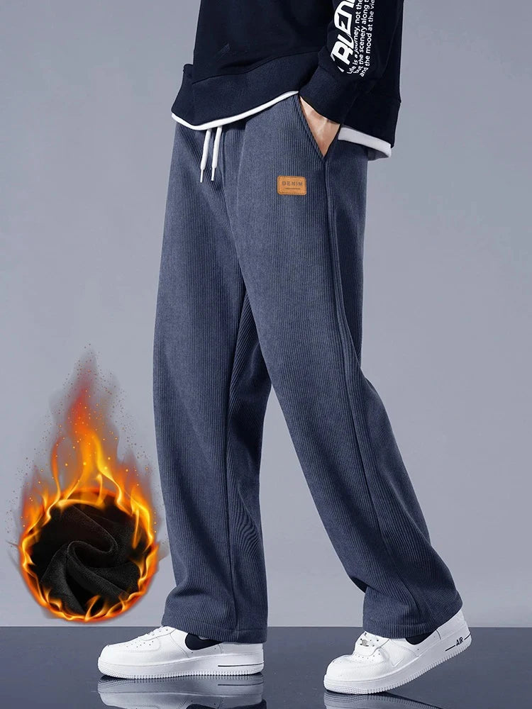 Winter Thick Warm Corduroy Sweatpants Men Fleece Liner Drawstring Straight Loose Track Pants Male Casual Fleece Thermal Trousers.
