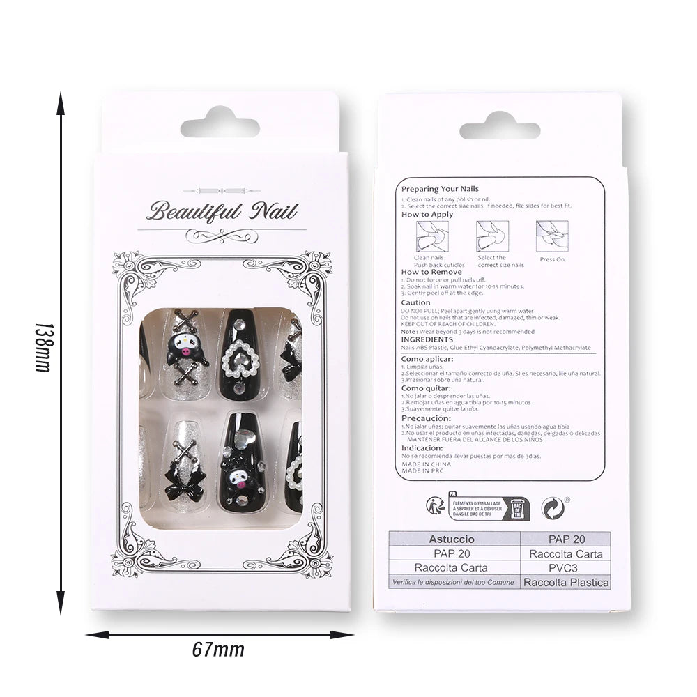 24Pcs 3D kuromi press on nails Y2K Cartoon Handmade Fake Nails Black Gel nail Wearable Nails Cinnamoroll Melody Anime False Nail.