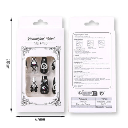 24Pcs 3D kuromi press on nails Y2K Cartoon Handmade Fake Nails Black Gel nail Wearable Nails Cinnamoroll Melody Anime False Nail.