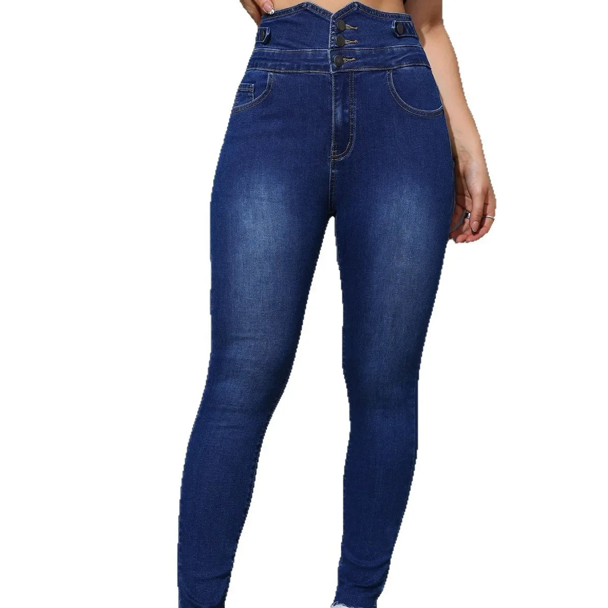 High Waist Elastic Denim Pants Slim Fit Women's Ankle Length Jeans Decorative Button Casual Fashionable Trousers.