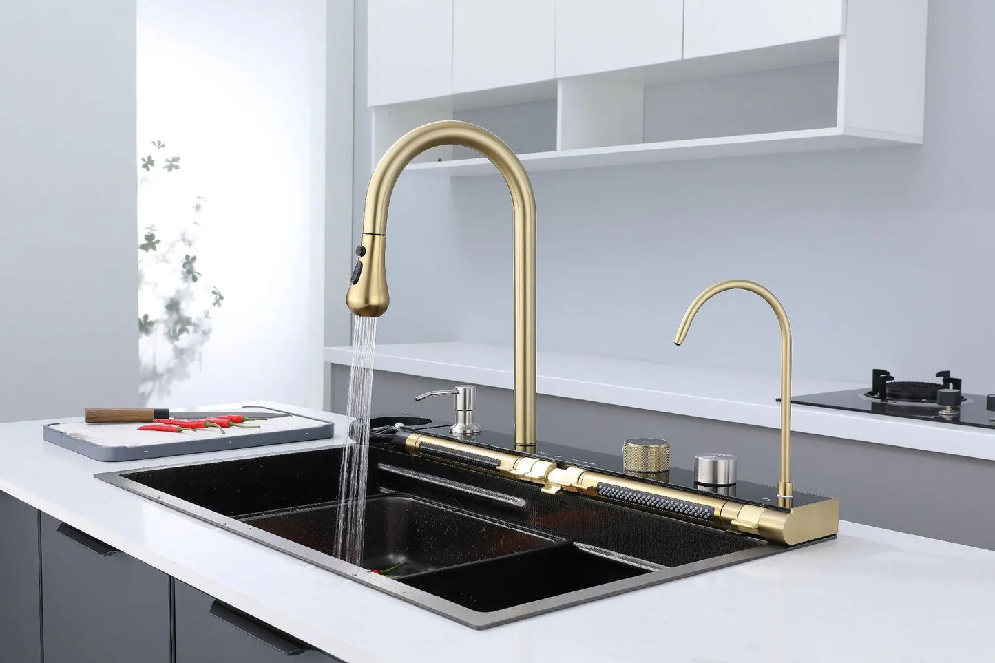 Golden Household Stainless Steel Waterfall Kitchen Sink MultiFunction Wash Vegetable and Dish Countertop Basin Large Single Slot