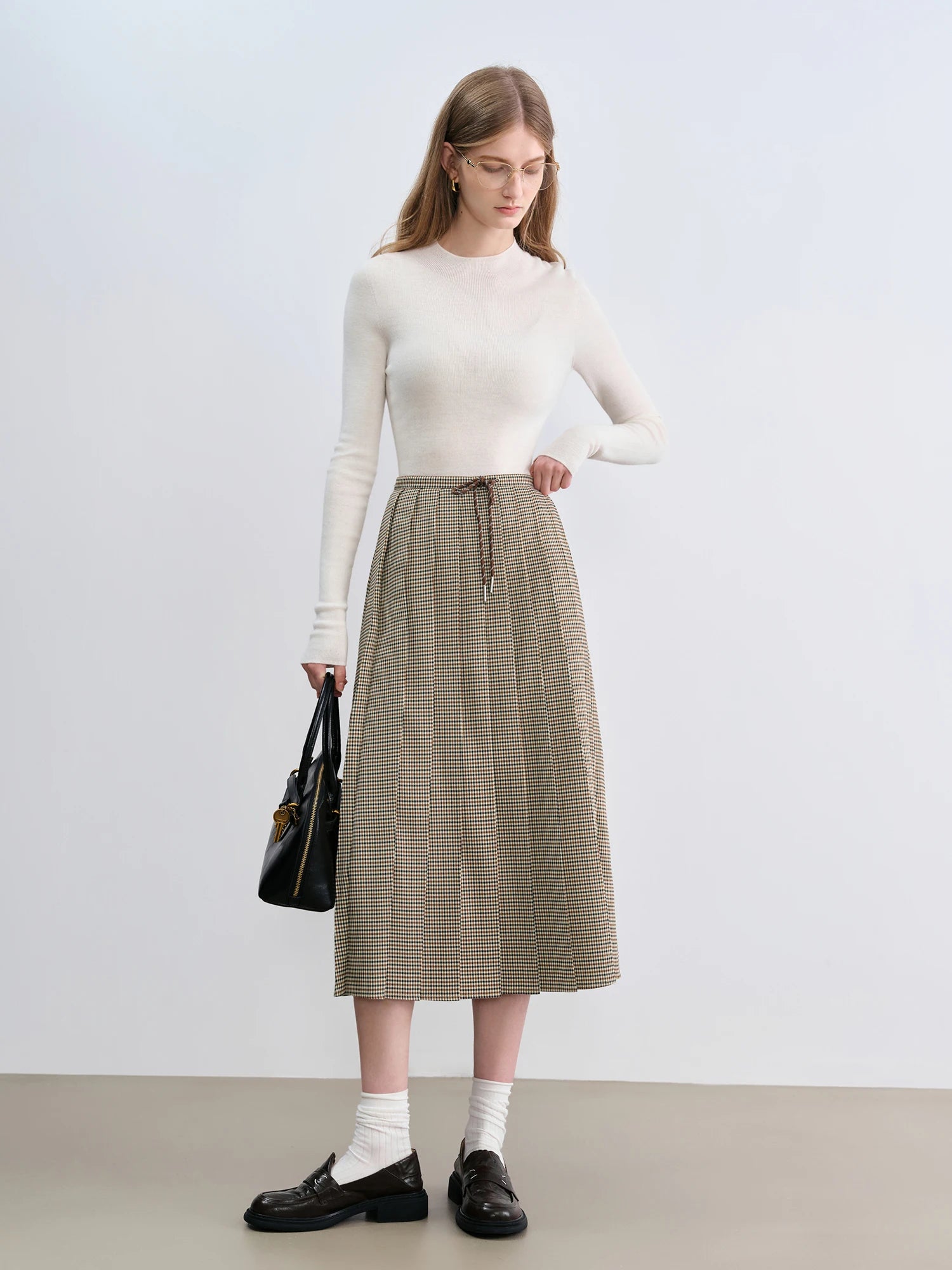 ZIQIAO Houndstooth Pleated Skirt Women's 2025 Autumn New Style College Style Pattern Versatile Casual Mid-length Skirt 25ZQ93064.