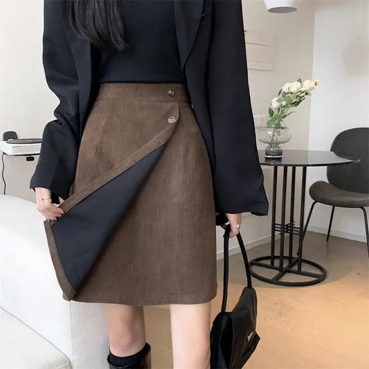 High Waist Zipper Corduroy Vintage A-line Skirt Autumn Winter Slim Solid All-match Korean Half Skirt Trend Fashion Women Clothes.