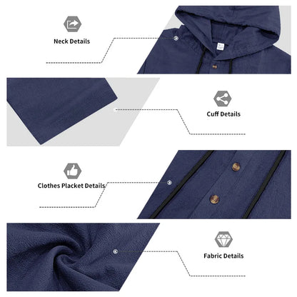 Cross-border Autumn Linen Men's Casual Suit Loose Hooded Henley Shirt Long Sleeve Pants Suit.