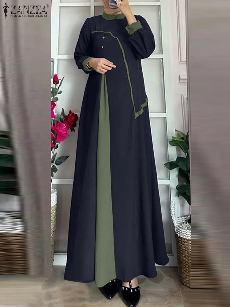 ZANZEA Women Autumn Patchwork Long Sleeve Maxi Dresses Muslim Turkey Abaya Dress Hijab Sundress Robe Femme Loose Vestidos Kaftan.