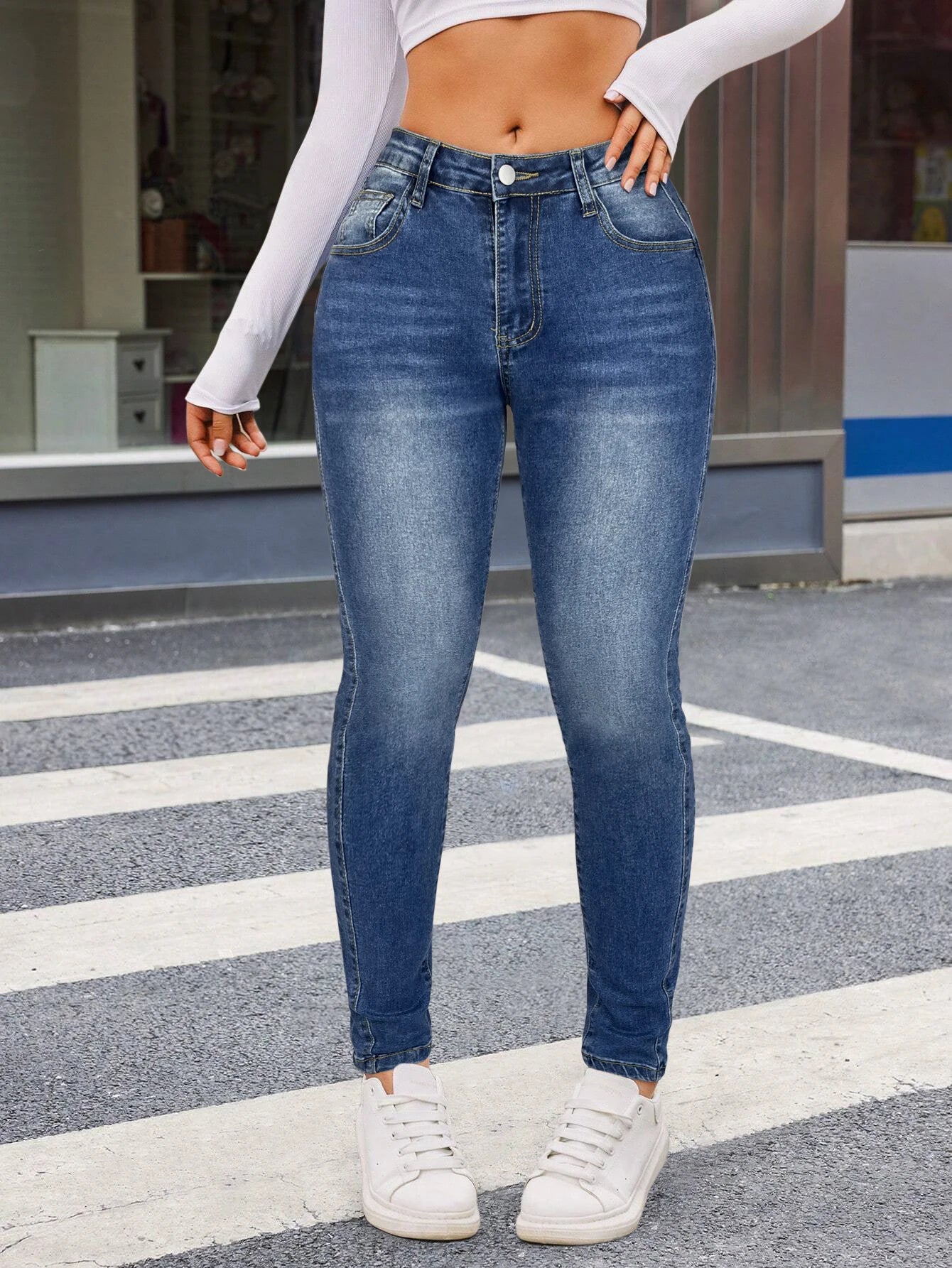 Retro Street Skinny Whisker Washed High Stretchy Jeans Women's Mid-Rise Front Button Slant Pockets Seam Design All Season Jeans.