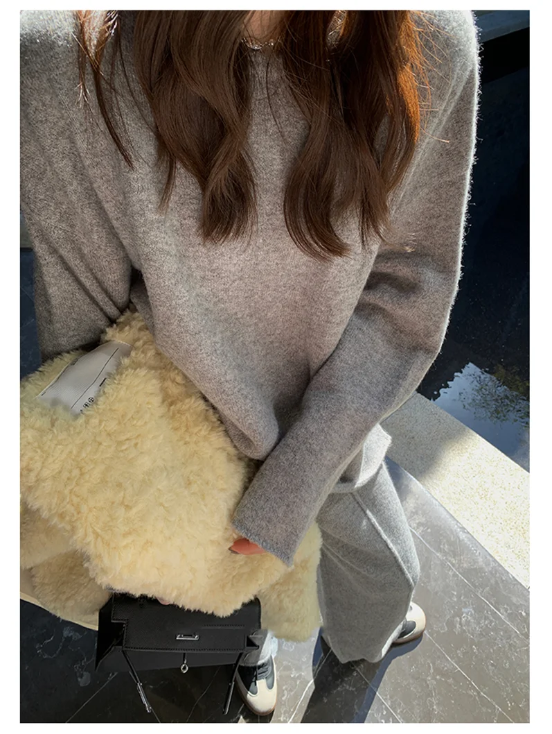 Koreanische Version des weichen, wachsartigen, faulen Wind-Stricksets 2024, sanfter Rundhalspullover, Pullover, weites Bein, Hose, zweiteiliges Set für Damen