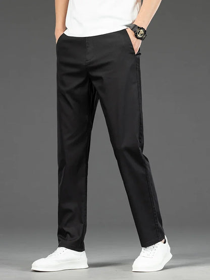Thin Men Bamboo Summer Pants Casual High Quality Business Classic Fashion Stretch Slim Formal Straight Trousers Black Gray Khaki