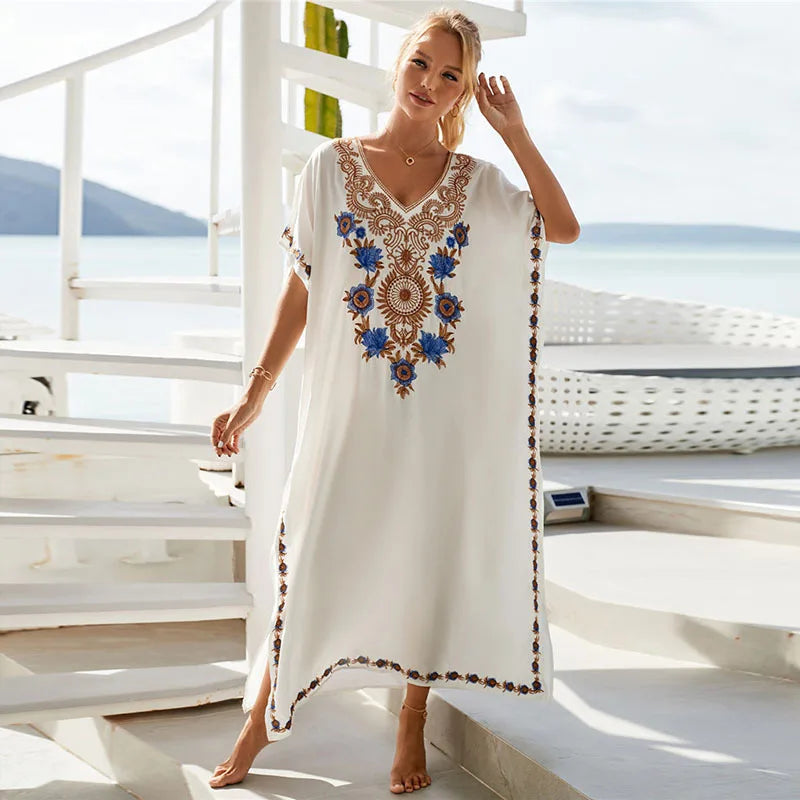 Women Embroidered Kaftan Dress Caftan Loungewear Long Bathing Suit Cover Up Beach Wear Vacation Outfit Loose Summer Women's Robe.
