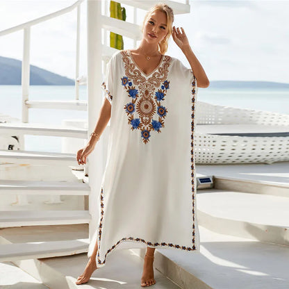 Women Embroidered Kaftan Dress Caftan Loungewear Long Bathing Suit Cover Up Beach Wear Vacation Outfit Loose Summer Women's Robe.