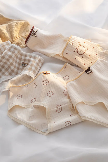5Pcs/Set M-XL Women's Panties Cotton Underwear Cute Cartoon Bear Girl Briefs Mid Waist Underpants Breathable Panty Sexy Lingerie