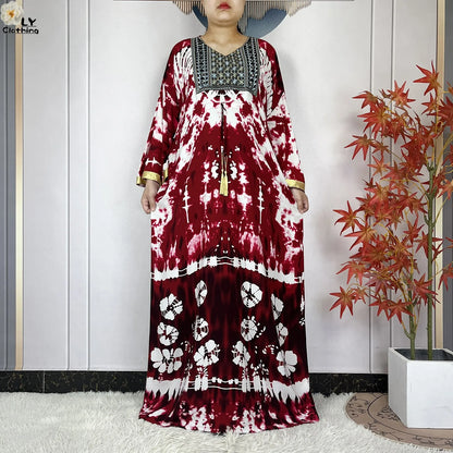 2025 New African Abaya For Women Dress Loose Batwing Sleeve Pockets High-quality Tie-dye Pure Cotton Fabric Women Islam Clothing.