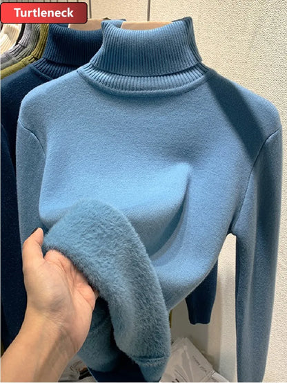Pullover Für Frauen Winter Verdicken Rollkragen Schlank Stricken Pullover Neue Warme Plüsch Samt Gefüttert Strickwaren Jumper Tops Casual Poleras
