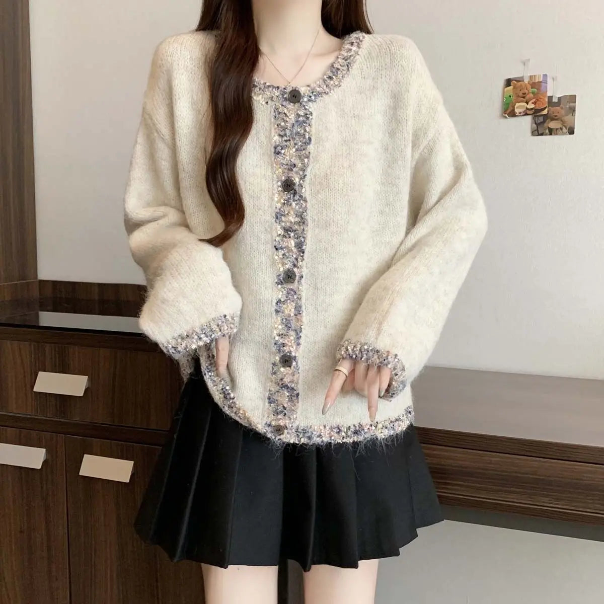 Pailletten-Strickjacke für Damen, Herbst und Winter, lockeres Schlankheitsoberteil