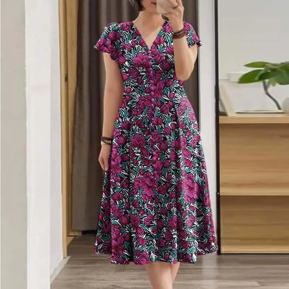 ZANZEA Elegante Frauen Floral Print Midi Kleid Sommer 2025, Casual Rüschen Kurzarm V-ausschnitt Vestidos Mode Cinched Taille Roben