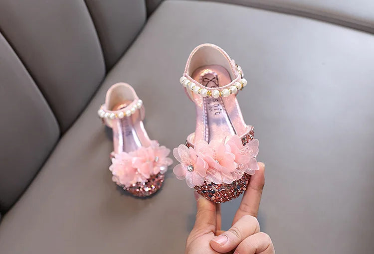 Fashion Children's Sandals 2024 Spring Summer Shining Flowers Sweet Girl Princess Shoes Dance Performance Kids Sandals J191.