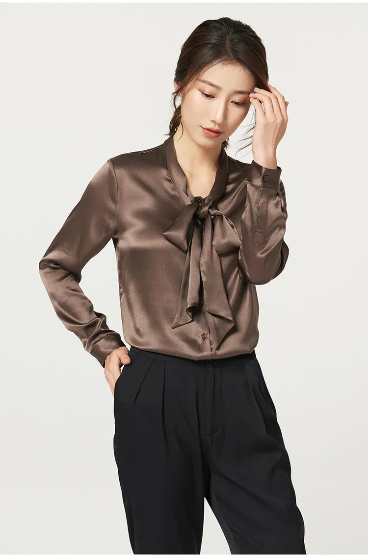 Heavyweight Mulberry Silk Shirt Women's 2025 Spring And Autumn New Long Sleeve Satin Silk Blouse V-neck Bow Ribbon Shirt